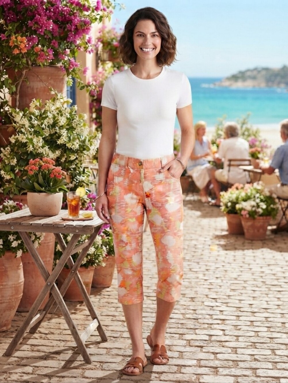 ​Lark Lane Peach Abstract Print Cotton Cropped Capri Pants Size 4 Petite